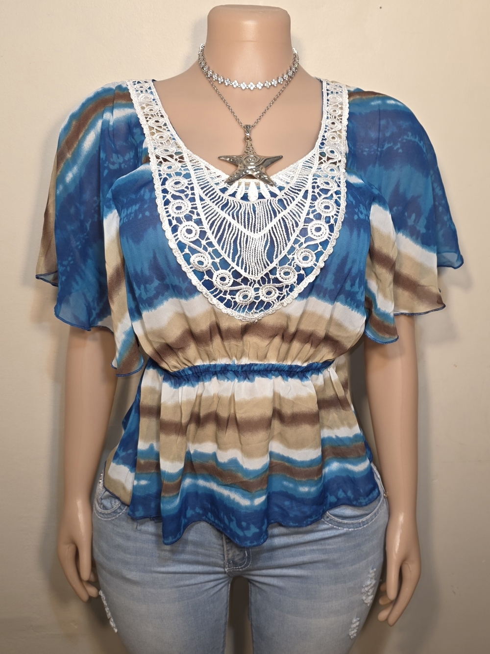 Dots Blue White and Brown Sheer Crochet-Trim Peplum Top